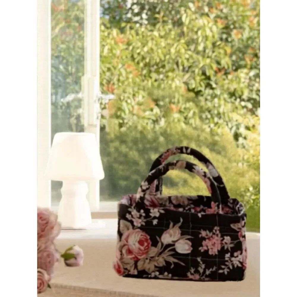 Vintage Floral Quilted Storage Basket Fabric Organizer Bin with Handles